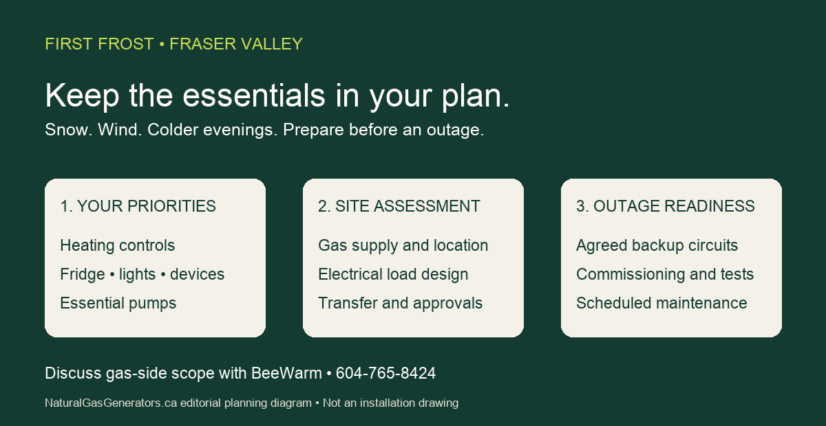 Backup-power planning diagram: household priorities, professional gas and electrical assessment, then tested standby power